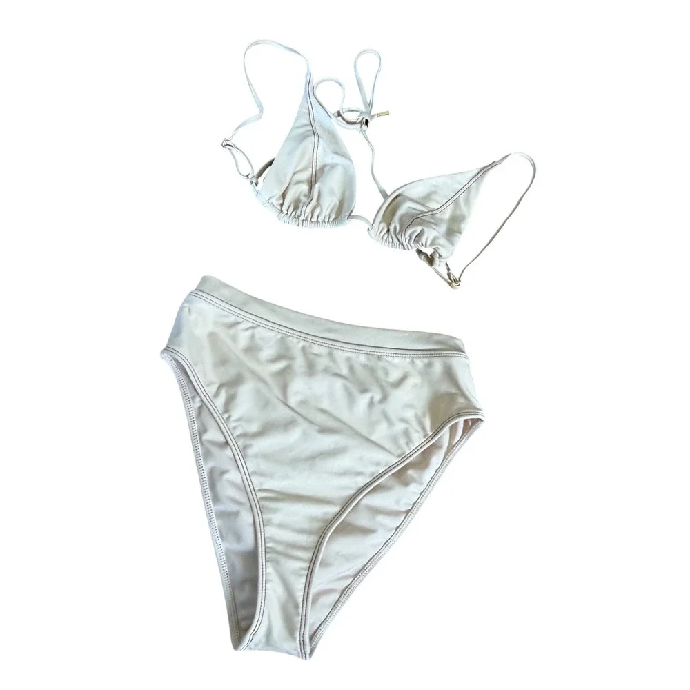 Monday Swimwear Ivory Ribbed Triangle Bikini Top and High Waisted Bottom Set M